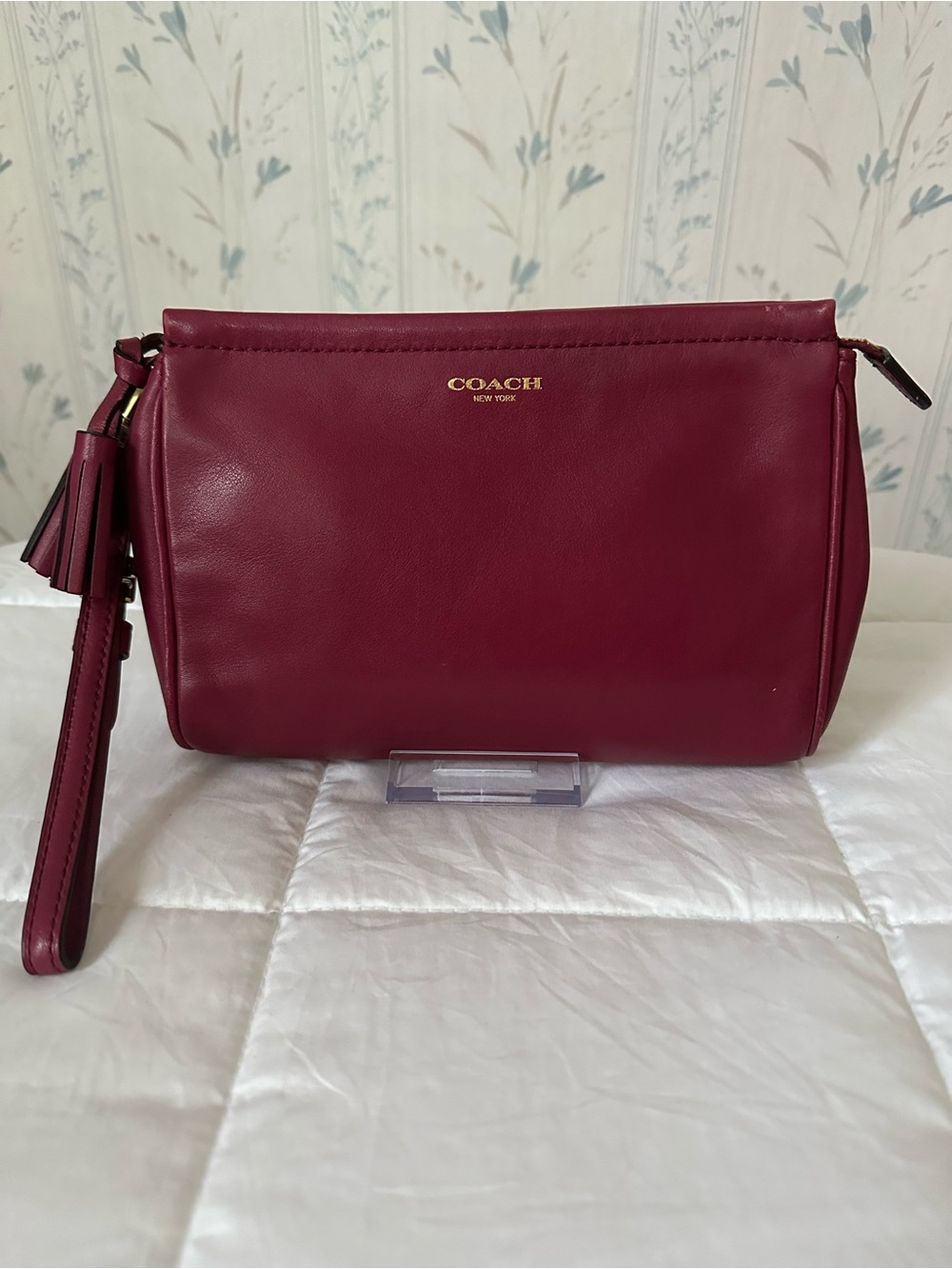 Coach Leather Wristlet Clutch in Wine Red with Tassel